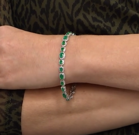 Colleen Lopez Emerald and White Zircon Sterling Silver Line Bracelet, 6-3/4"