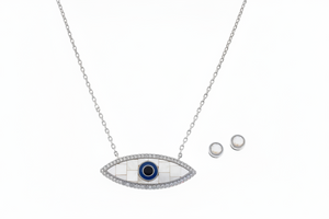 JK NY Evil Eye Shell Doublet Silvertone Necklace & Stud Earrings. 18"