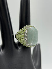 Jade of Yesteryear Sterling Silver Cabochon Jade  & Peridot Accent Ring, Size 6