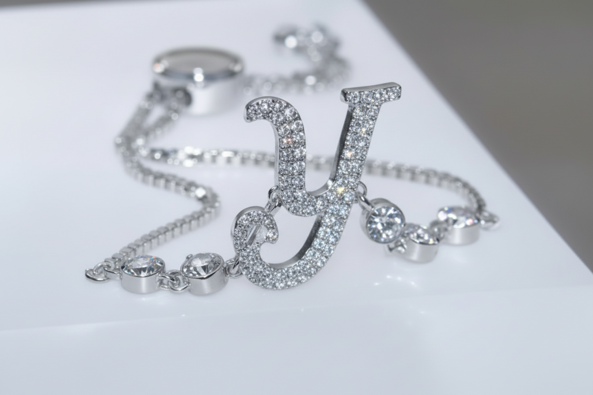 Joan Boyce Silvertone  CZ & Crystal Pave Initial "Y" Adjustable Bracelet.