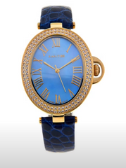 Rarities Goldtone Oval Mother-of-Pearl Dial Blue Alligator Leather Strap Watch,