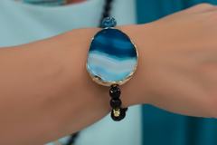 JK NY Agate Station Blue Colored Bead Stretch Bracelet