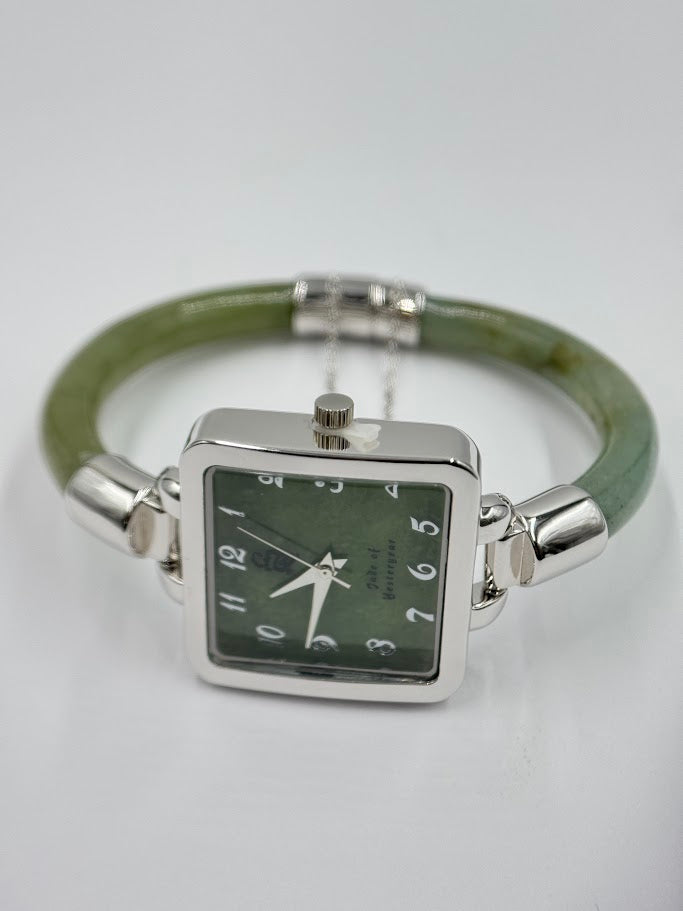 Jade of Yesteryear Silvertone Green Jade Bangle Watch,