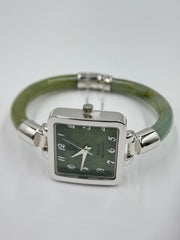 Jade of Yesteryear Silvertone Green Jade Bangle Watch,
