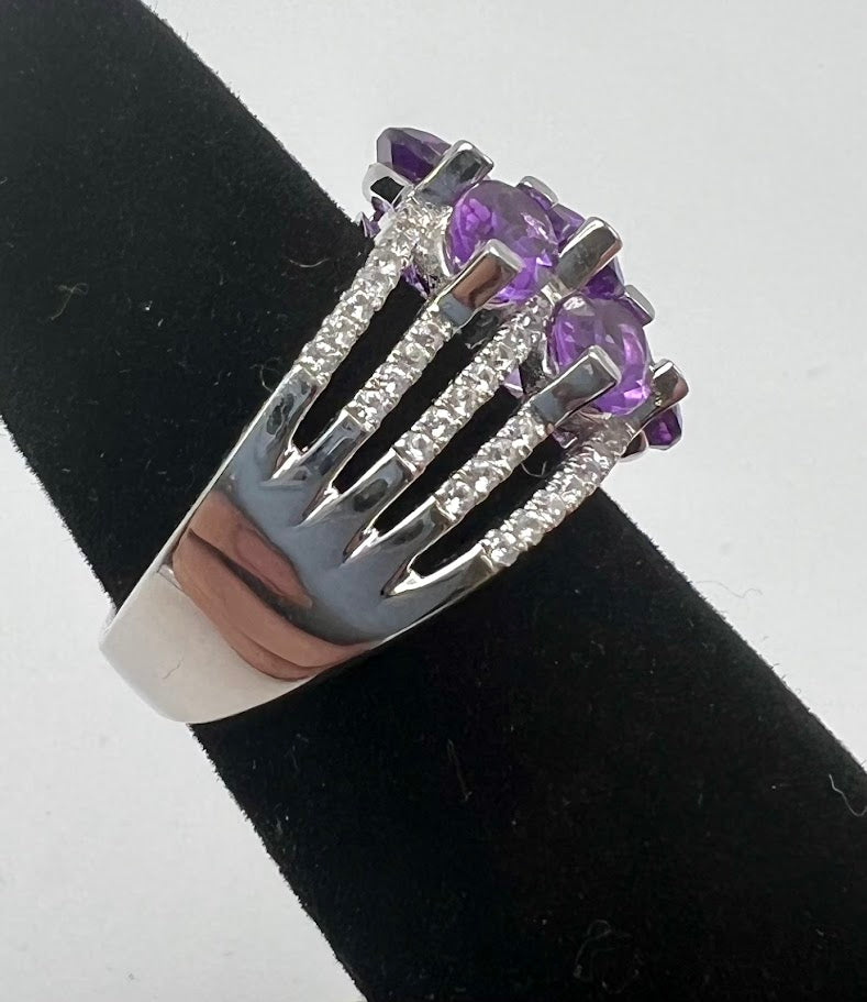 Colleen Lopez Silver Oval Amethyst & White Zircon 7-Stone Ring. Size 8