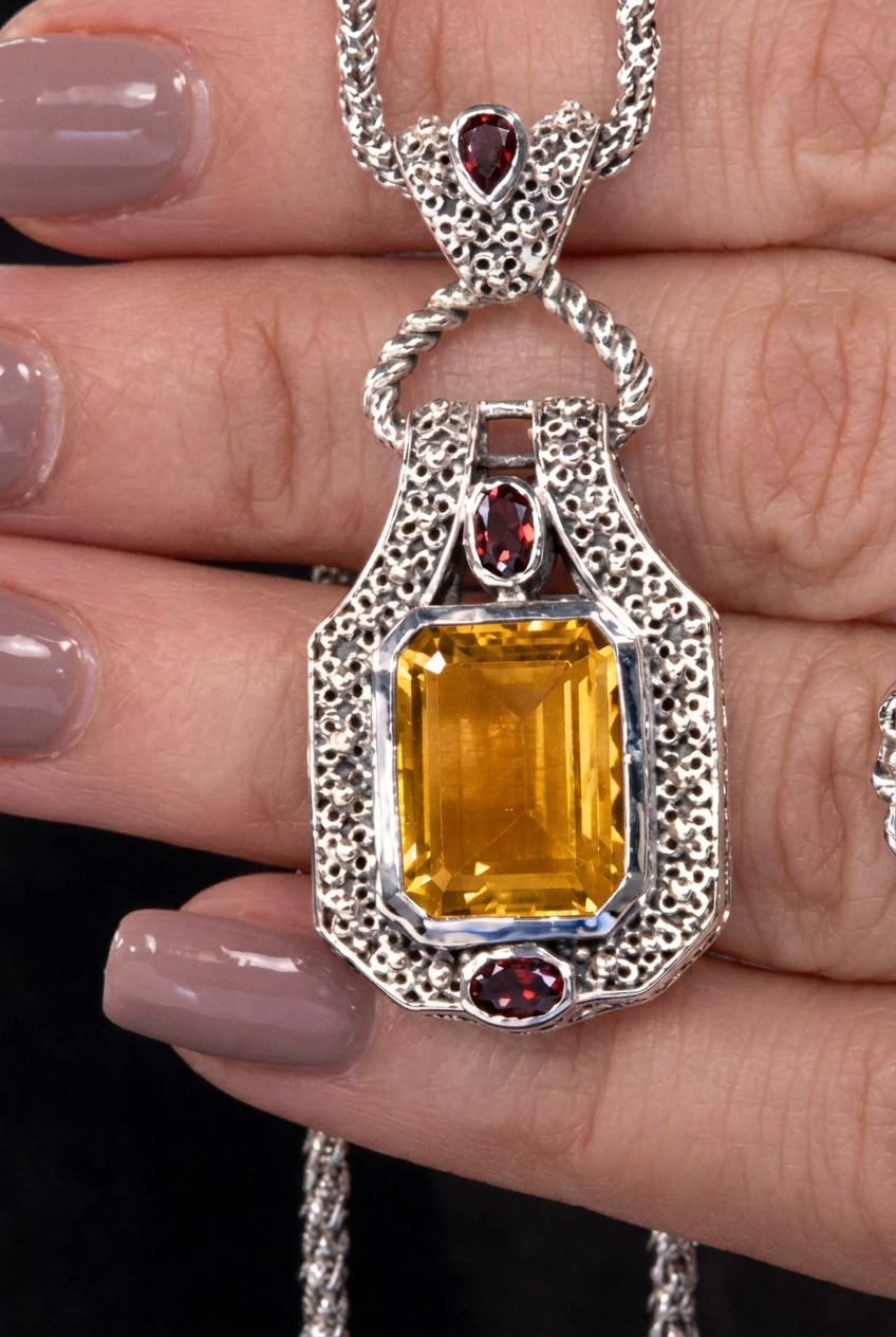 Bali Designs Sterling Silver & 18K Emerald-Cut Citrine & Garnet Pendant