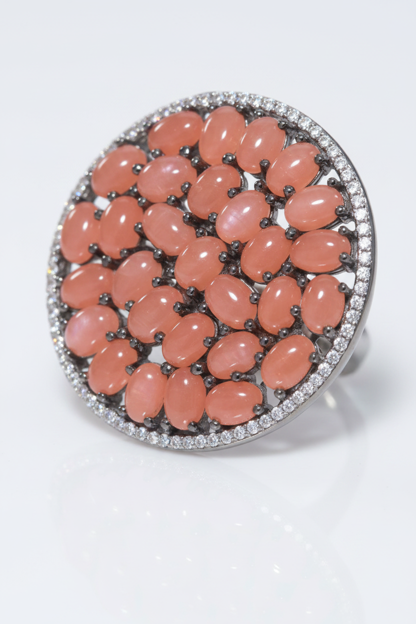 Rarities Sterling Silver Moonstone & White Zircon Black Rhodium Round Ring, Size 7