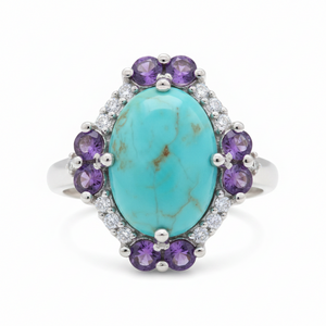 Paul Deasy Sterling Silver Kingman Turquoise, Amethyst & White Zircon Ring, Size 7