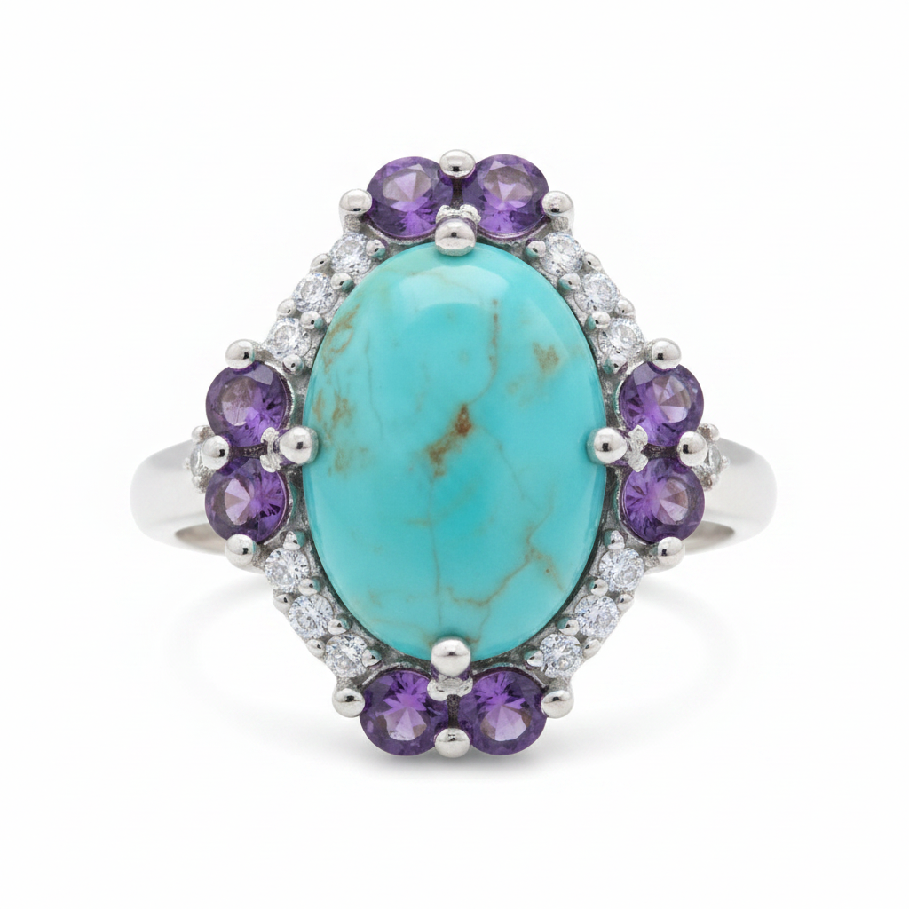 Paul Deasy Sterling Silver Kingman Turquoise, Amethyst & White Zircon Ring, Size 7