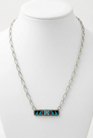 Chaco Canyon Sterling Silver Zuni Gemstone Inlay Bar Necklace, 18"