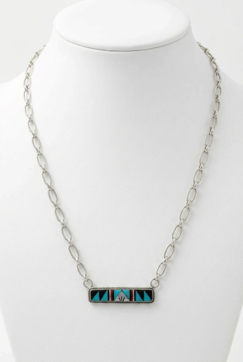 Chaco Canyon Sterling Silver Zuni Gemstone Inlay Bar Necklace, 18"
