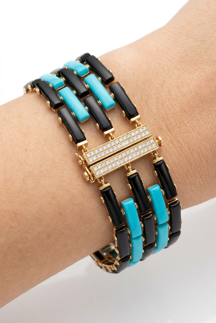 Rarities Sterling Silver Turquoise, Onyx & White Zircon Wide Tennis Bracelet, 6-1/2"