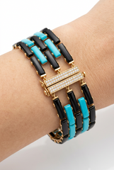 Rarities Sterling Silver Turquoise, Onyx & White Zircon Wide Tennis Bracelet, 6-1/2"