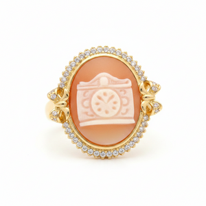 AMEDEO Goldtone "Miniatura" 20mm Cameo  Clock Crystal Ring, Size 7