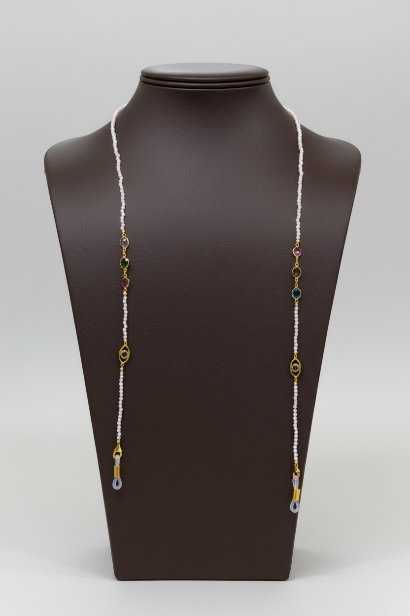 Rarities Sterling Silver GoldPlated Pink Opal and Gem Mask/Eyeglass Holder Necklace