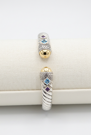 Bali Designs Steling silver & 18k Accents "Acintya" Blue Topaz & Amethyst Cuff Bracelet, 8"