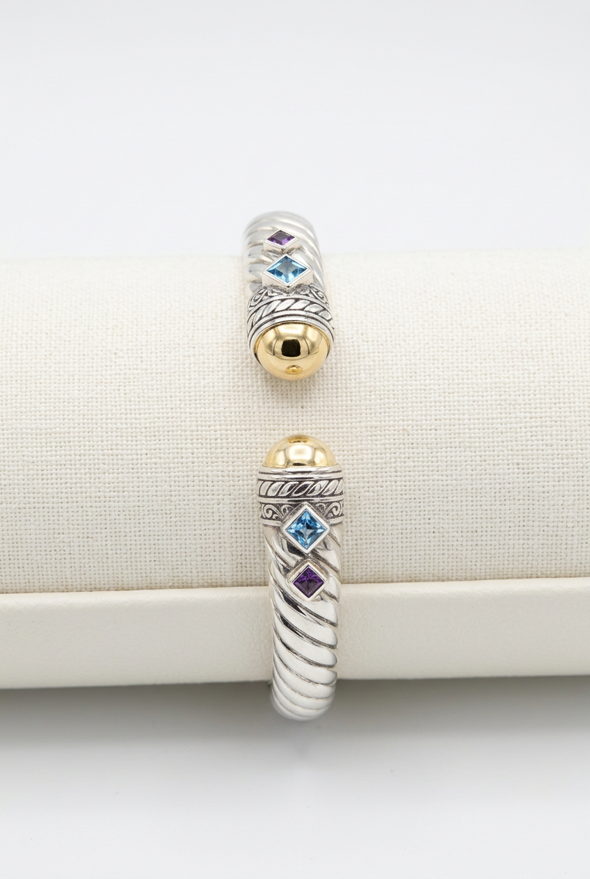 Bali Designs Steling silver & 18k Accents "Acintya" Blue Topaz & Amethyst Cuff Bracelet, 8"