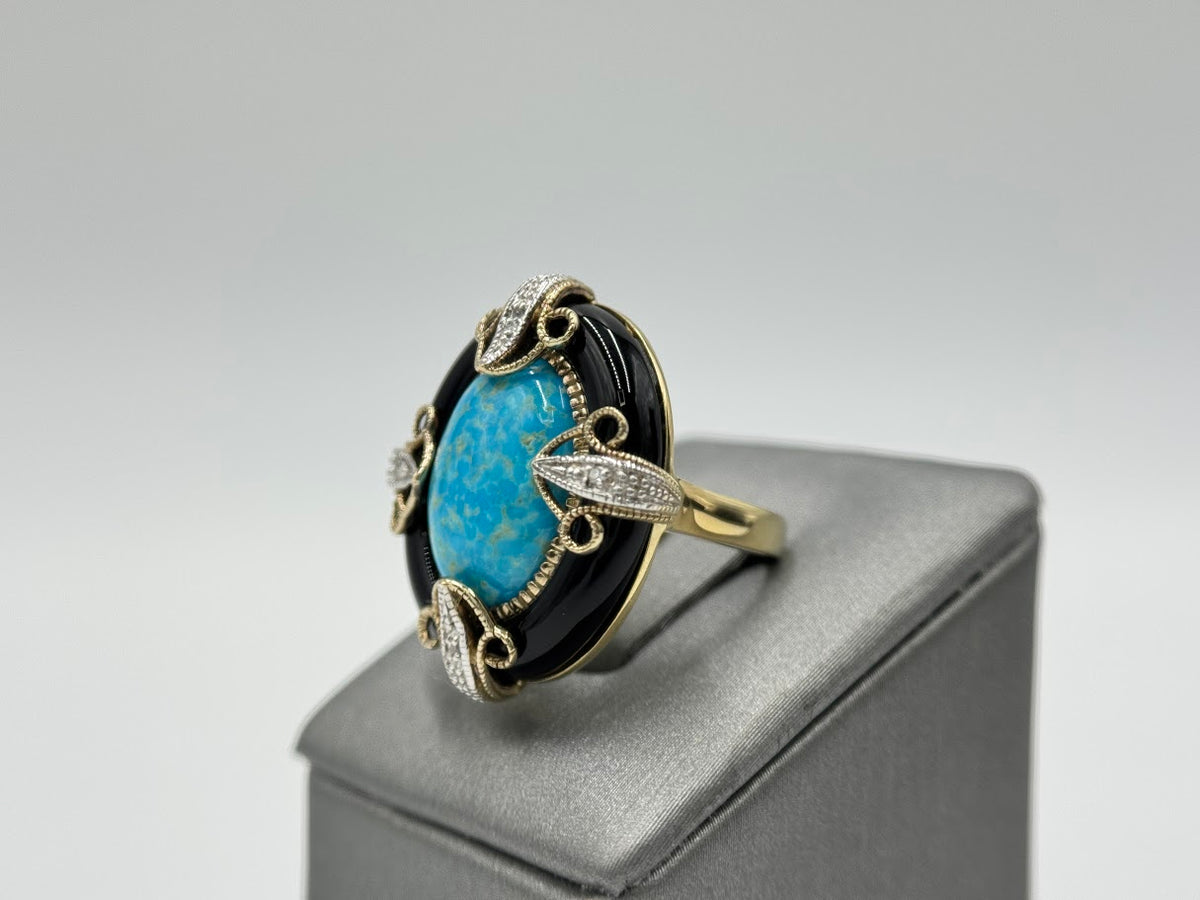 Heritage Gems Serling Silver Goldclad Kingman turquoise & Onyx Art-Deco ring, Size 5
