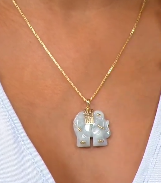 Jade of Yesteryear Sterling Silver Goldclad Carved Jade Elephant Pendant Necklace, 18"