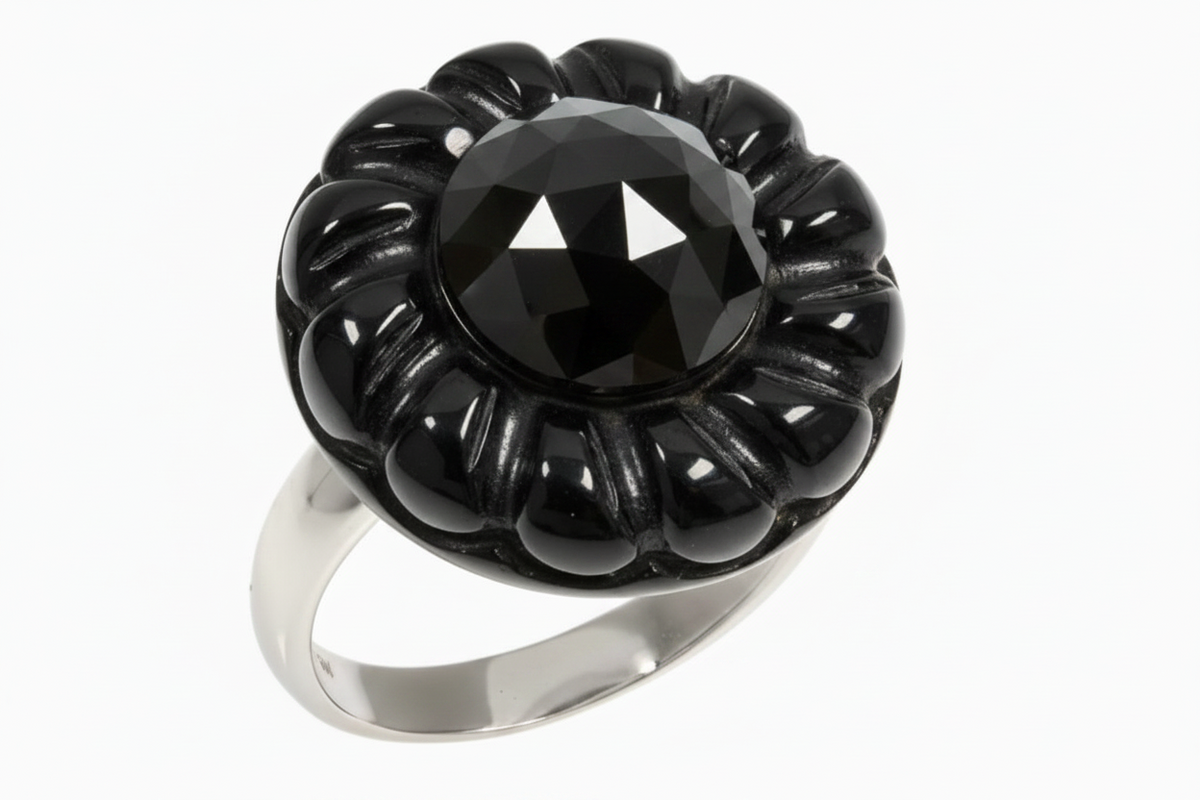 Jade of Yesteryear Sterling Silver Black Jade Cable Frame Ring, Size 9