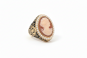 AMEDEO 25mm Handcarved Cornelian Cameo  Enamel Ring, Size 6