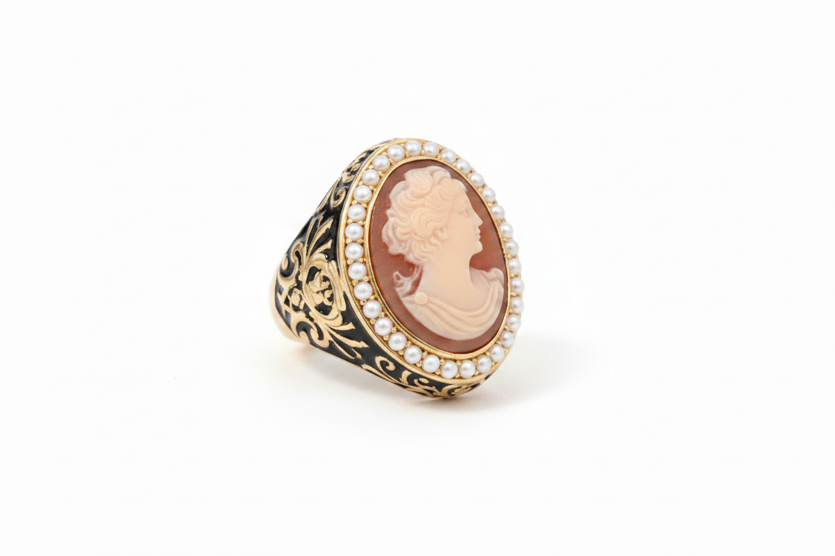 AMEDEO 25mm Handcarved Cornelian Cameo  Enamel Ring, Size 6