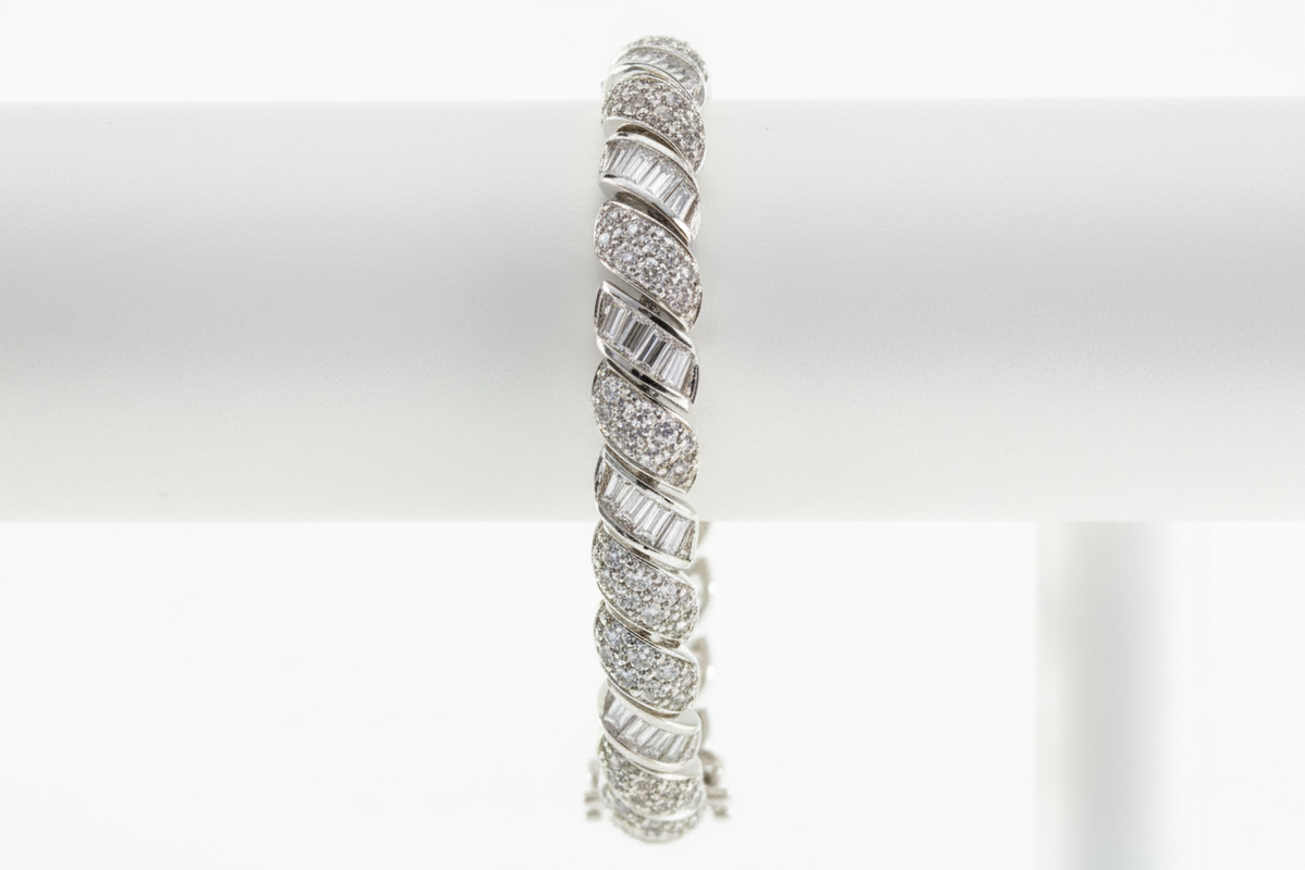 Absolute CZ Sterling Silver Round & Baguette San Marco Bracelet, 6-3/4"