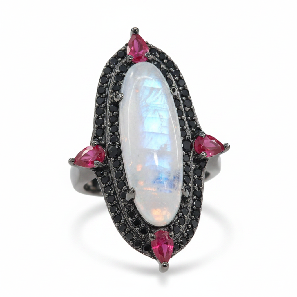 Rarities Sterling Silver Oval Moonstone, Ruby & Black Spinel  Ring, Size 9
