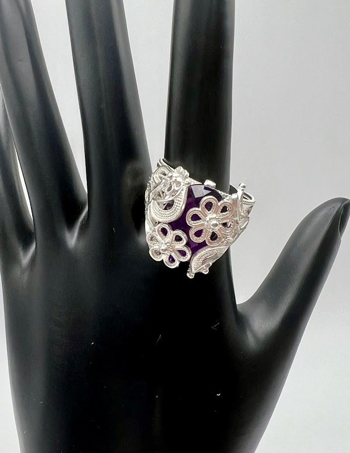 Anillo de filigrana con amatista engastada en plata otomana, talla 10