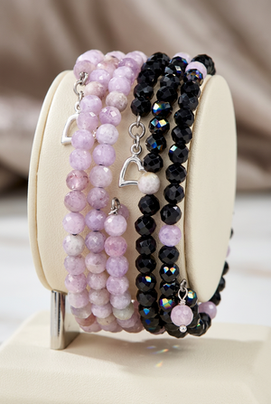Jay King Sterling Silver Black Spinel & Pink Kunzite Set of 2 Bead Coil Bracelets