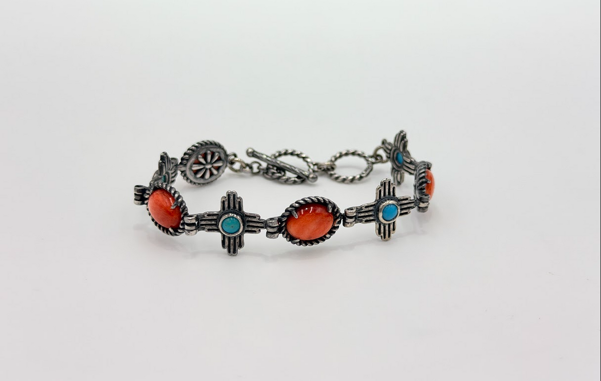 American West Sterling Silver Red Coral & Turquoise Reversible Bracelet, 6-3/4"