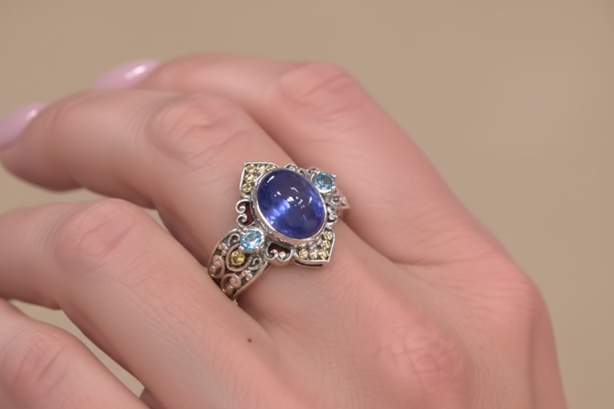 Bali RoManse Sterling Silver Tanzanite & Swiss Blue Topaz Scrollwork Ring, Size 11