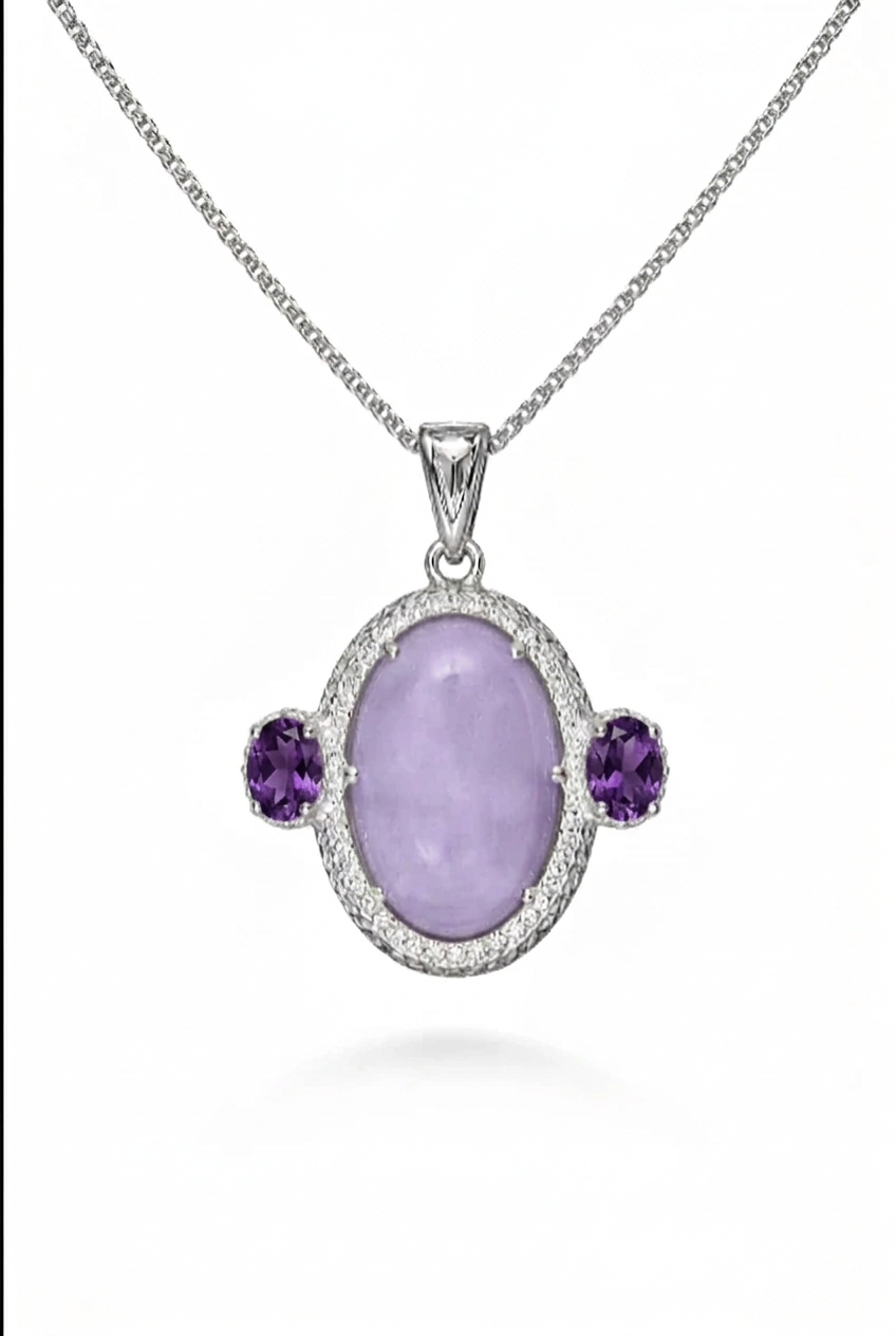 Jade of Yesteryear Sterling Silver  Lavender Jade & Amethyst Pendant Necklace, 18"