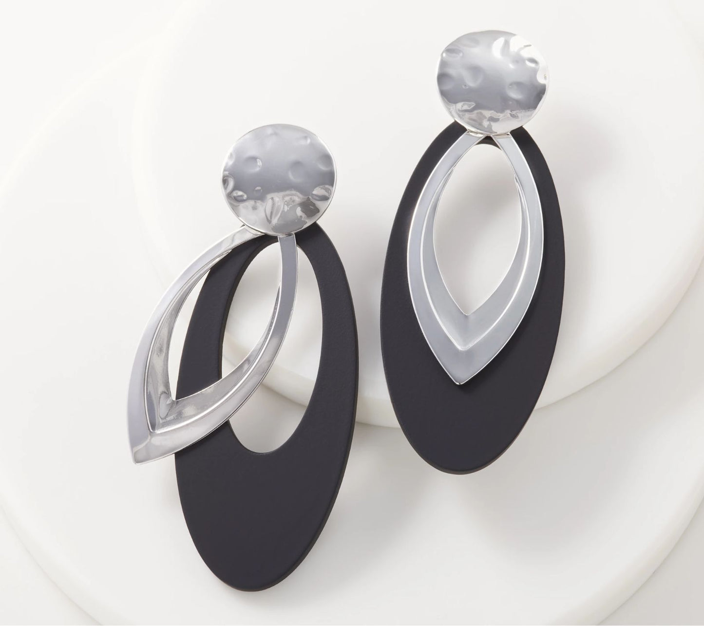 Susan Graver Acrylic Oval Black Metal Overlay Drop Earrings, SilverTone