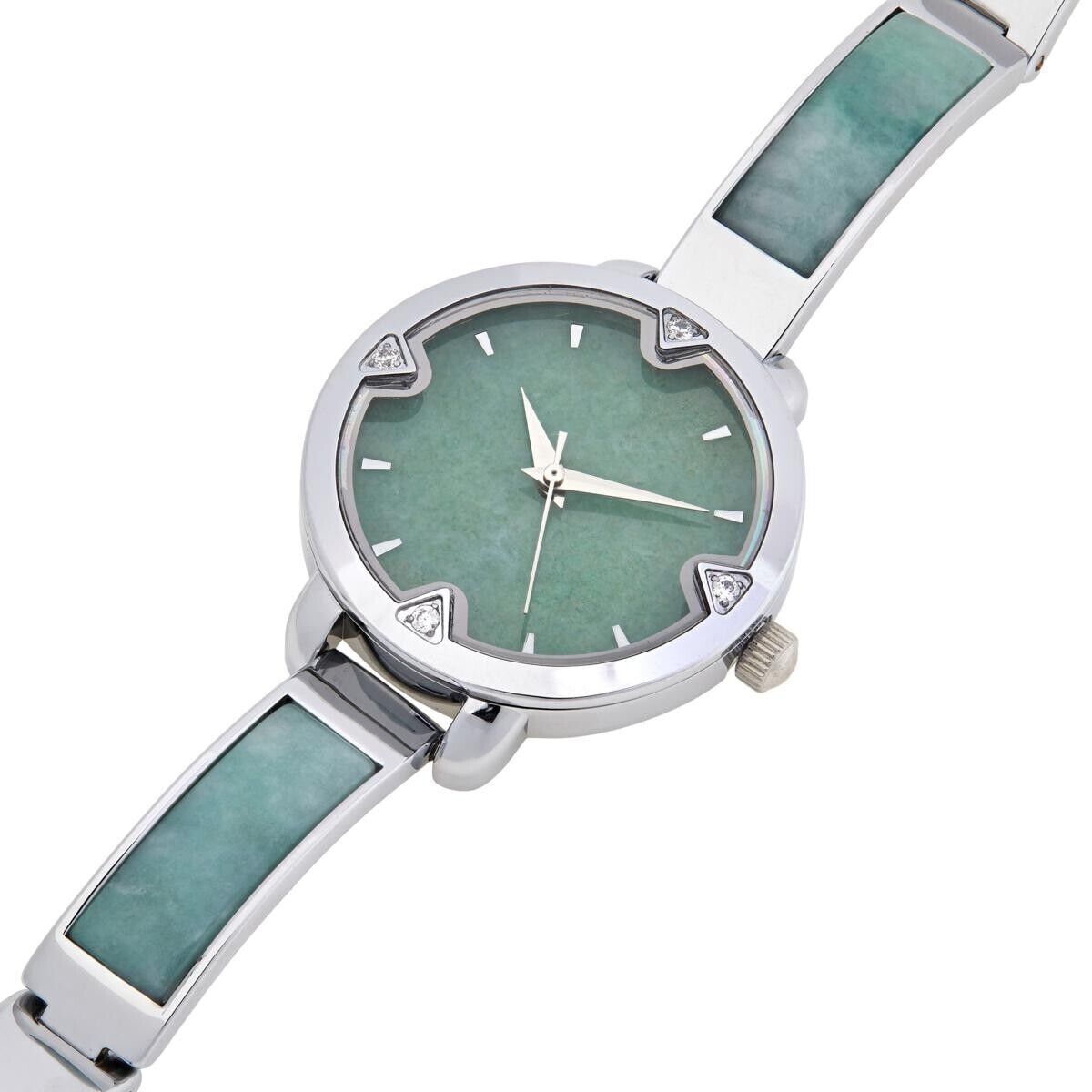 Jade of Yesteryear Silvertone Light Green Jade Adjustable Bangle Watch 7to7-1/2