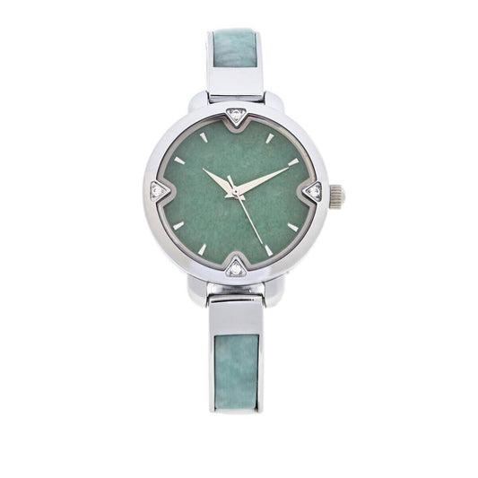 Jade of Yesteryear Silvertone Light Green Jade Adjustable Bangle Watch 7to7-1/2