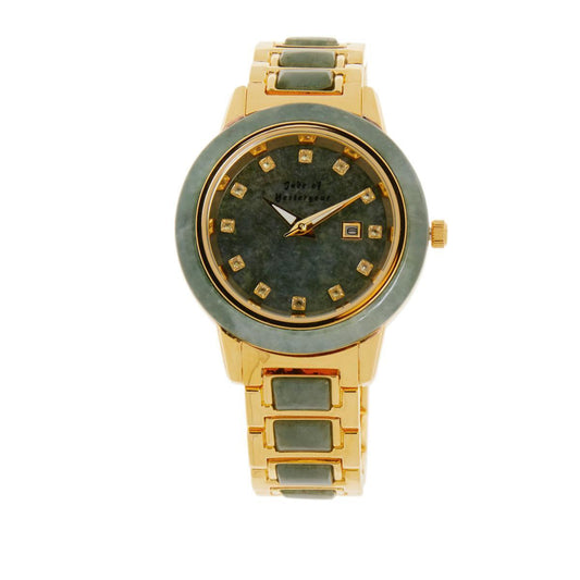 Jade of Yesteryear Goldtone Women's Green Jade Bracelet Watch 7"- 7-1/2"