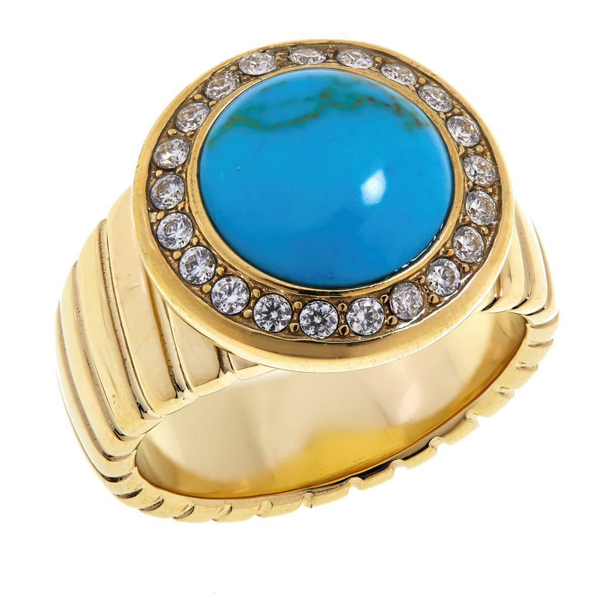 Colleen Lopez Blue Turquoise Cabochon and White Topaz Ring, Size 6