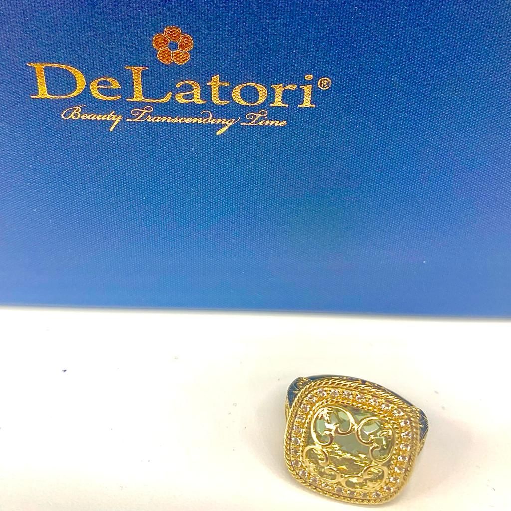 DeLatori 14K Gold Plated 6.50 ctw Green Quartz Cushion Cut Ring Size 5