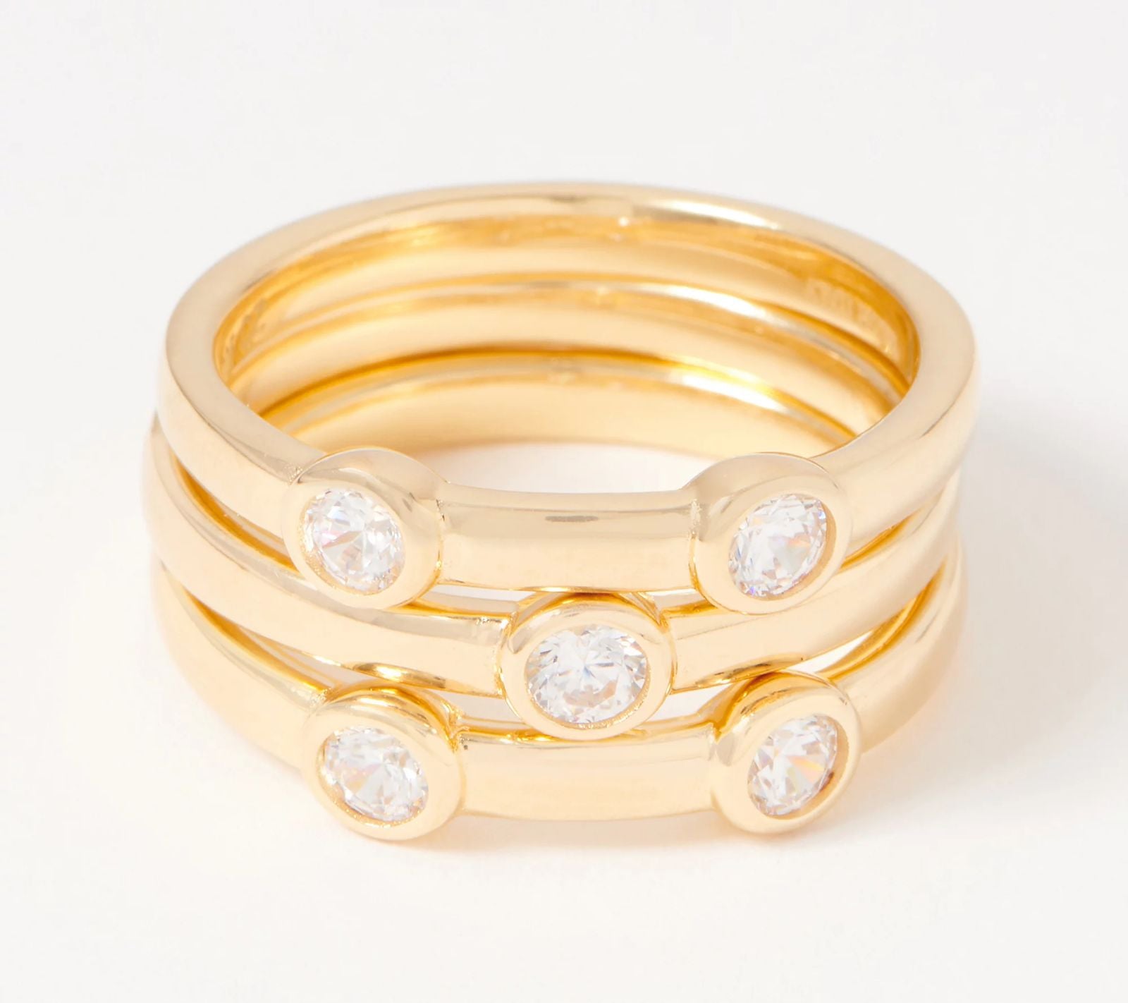 Diamonique 3 Bezel-Set Stackable Rings 14k Gold Plated Sterling Silver, Size.6