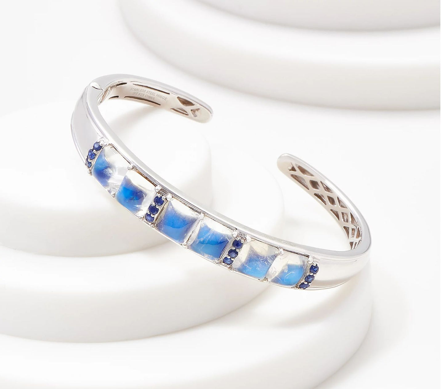 Vault Sterling Silver Blue Moonstone & Sapphire Cuff Bracelet. 6-3/4"