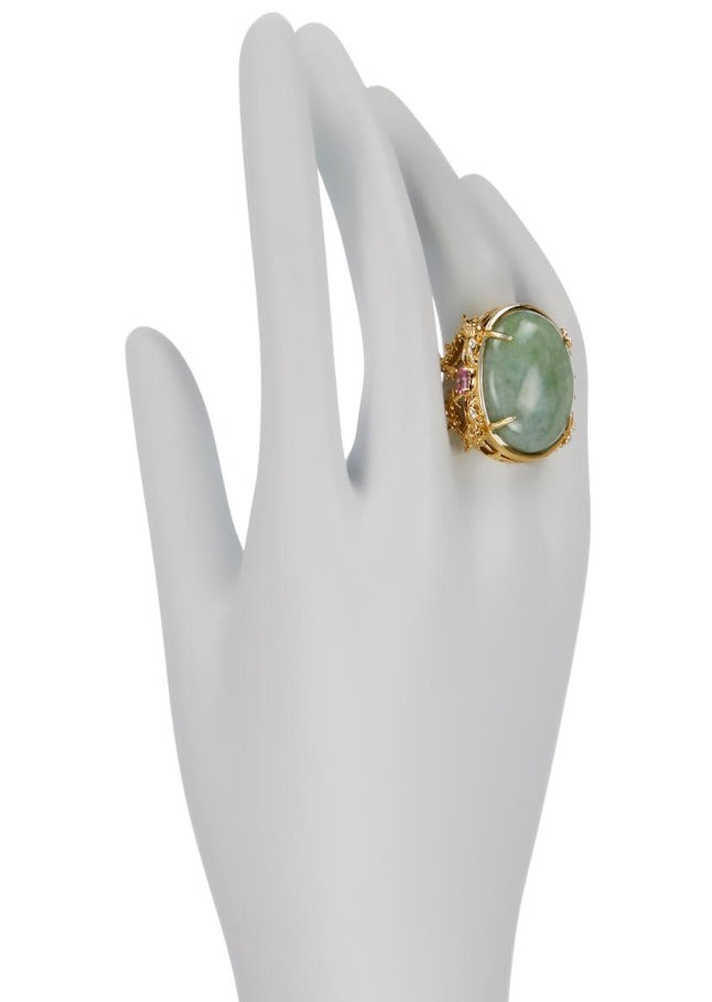 Jade of Yesteryear Green Jade and LabCreated Pink Corundum Ring. Size 7 Goldtone