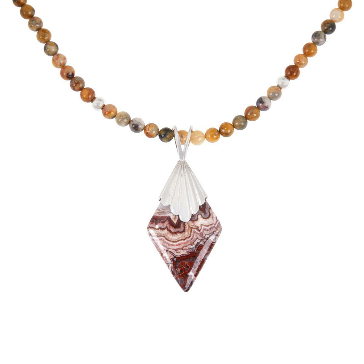 Jay King Mexican Crazy Lace Agate Pendant with Beaded 18" Necklace
