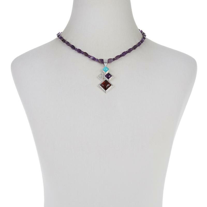 Jay King Turquoise, Amber and Amethyst Pendant and 18" Necklace
