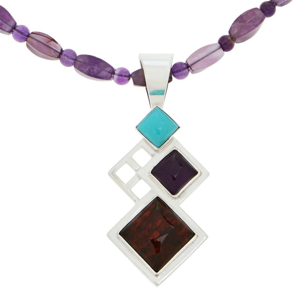 Jay King Turquoise, Amber and Amethyst Pendant and 18" Necklace