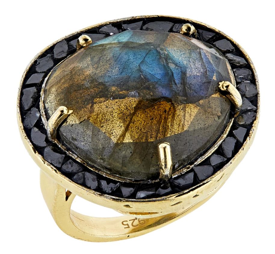 Joya Deco Labradorite and Diamond Goldtone Ring. Size 12