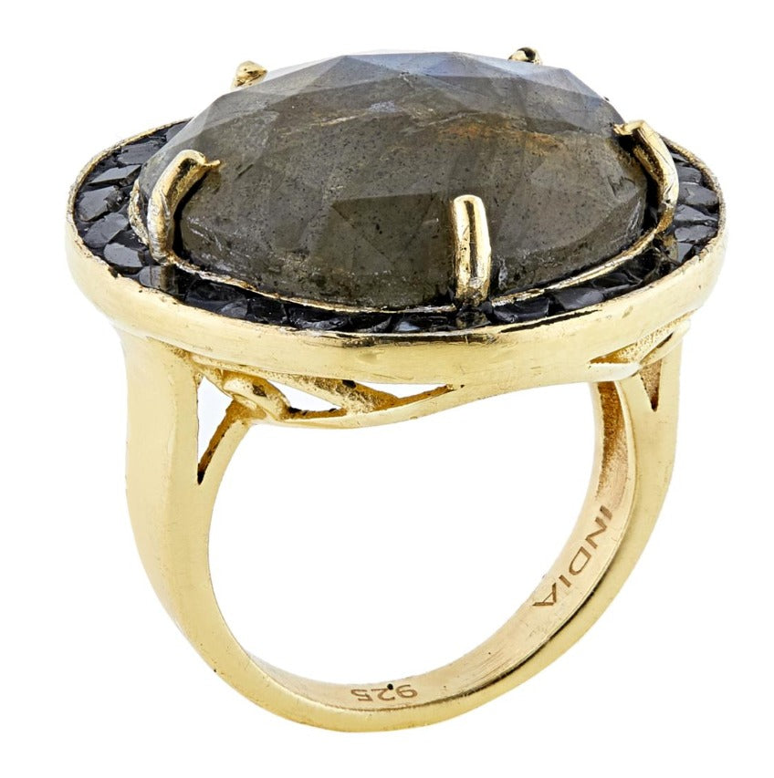 Joya Deco Labradorite and Diamond Goldtone Ring. Size 12