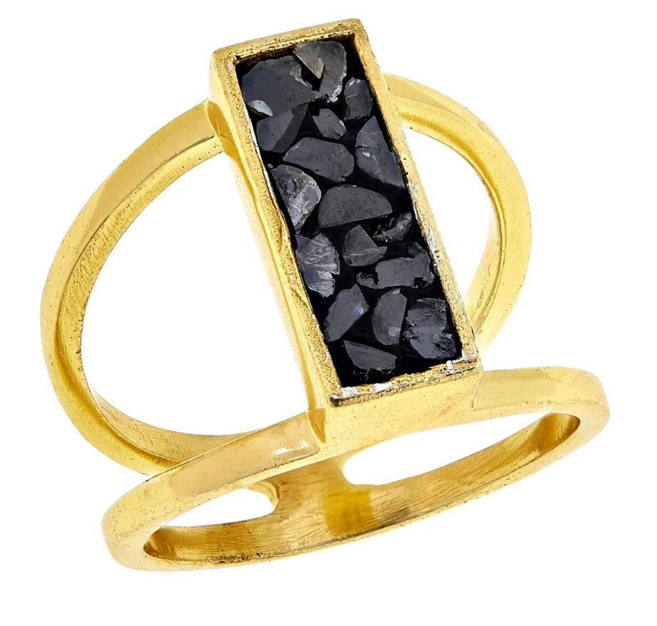 Joya Black Deco Crushed Diamond Rectangular Ring. Size 7