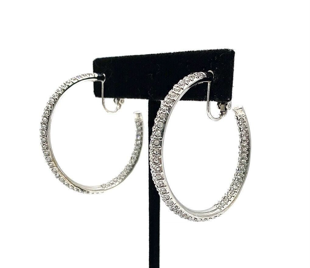 Joan Boyce Silvertone Clear Crystal Hoop Earrings. Clip-on 1-1/2" | Earrings