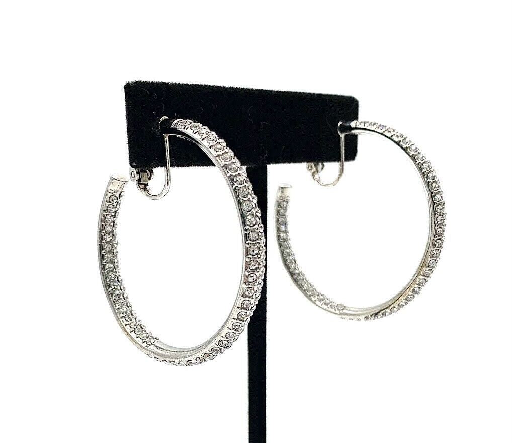 Joan Boyce Silvertone Clear Crystal Hoop Earrings. Clip-on 1-1/2" | Earrings